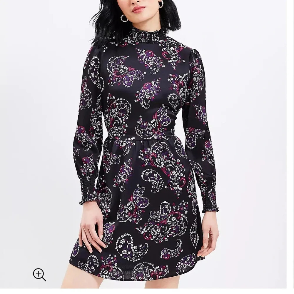 LOFT Paisley Smocked Flare Dress with Standing Collar Long Sleeves - Size 10P